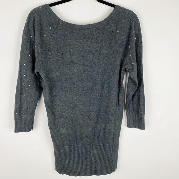 WHITE HOUSE BLACK MARKET Gray Round Neck Crystal‎ Stud 3/4 Sleeve Sweater Size M - Picture 2 of 4